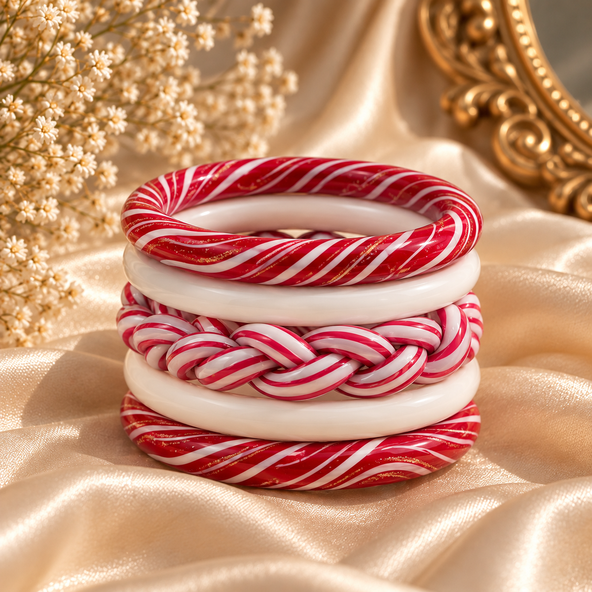 ]Crimson & Cream Braid Jaipuri Lac Bangles (set of 5)