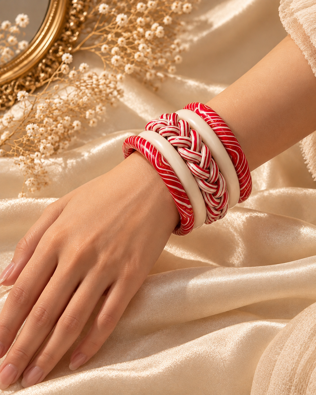 ]Crimson & Cream Braid Jaipuri Lac Bangles (set of 5)