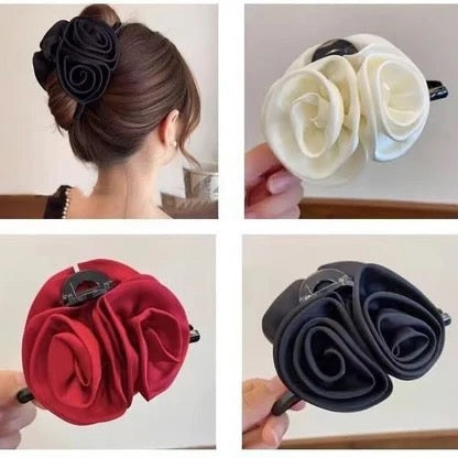 Elegant Rose Hair Claw Clip – Satin Flower Hair Accessory for Women & Girls