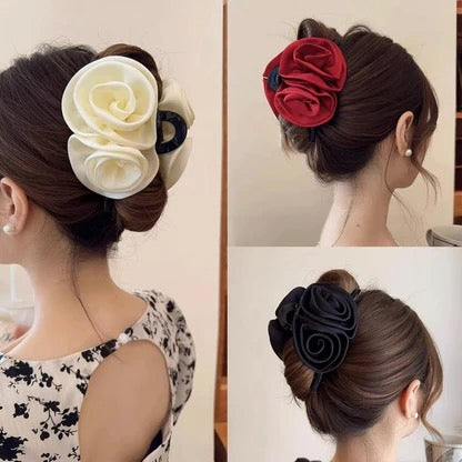 Elegant Rose Hair Claw Clip – Satin Flower Hair Accessory for Women & Girls
