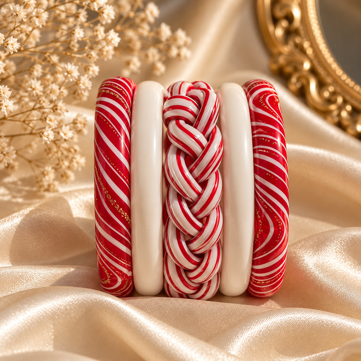 ]Crimson & Cream Braid Jaipuri Lac Bangles (set of 5)
