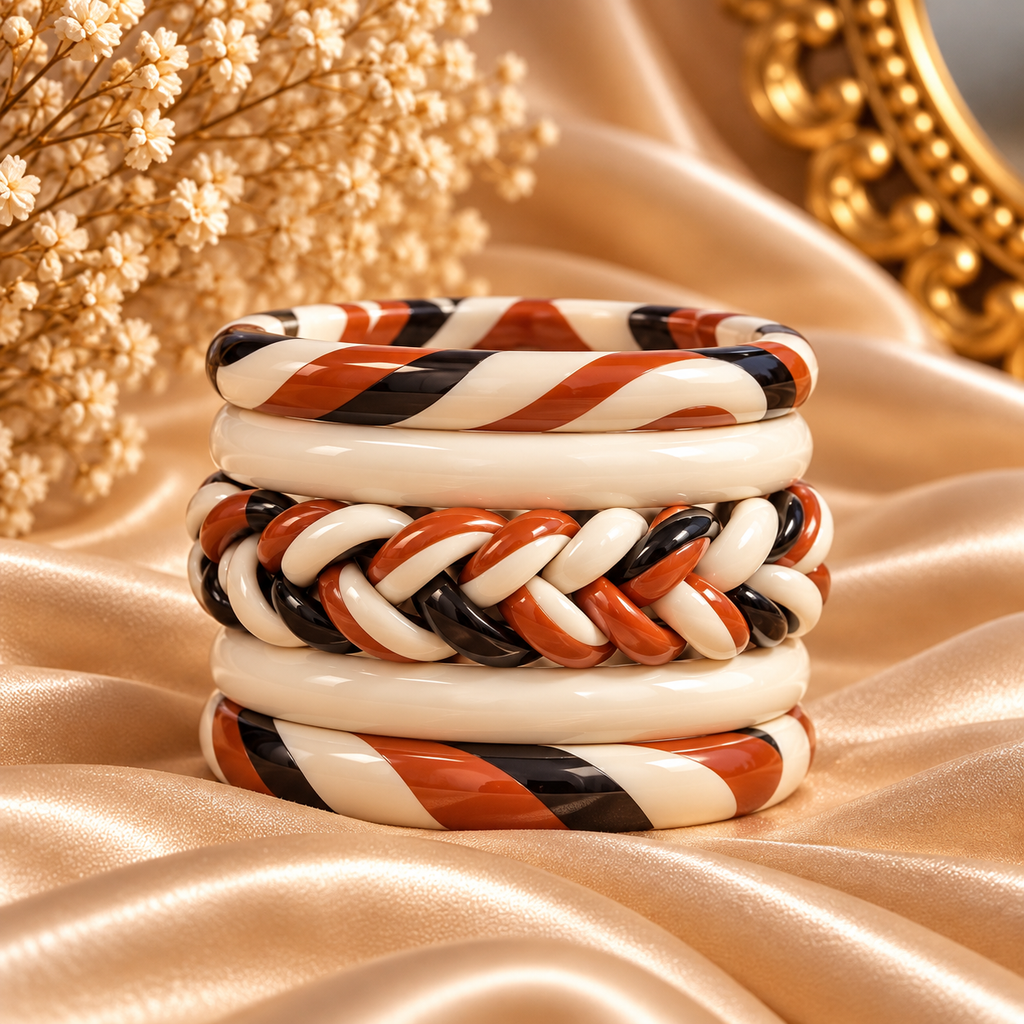 Terracotta Tricolor Braded Jaipuri Lac Bangles (set of 5)