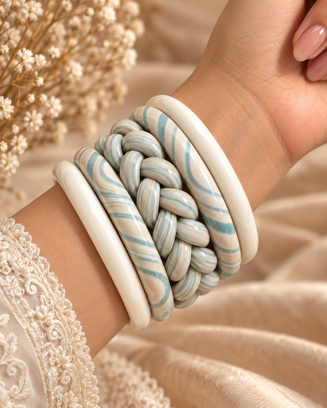 Cerulean Braid Jaipuri Lac Bangles (set of 5)