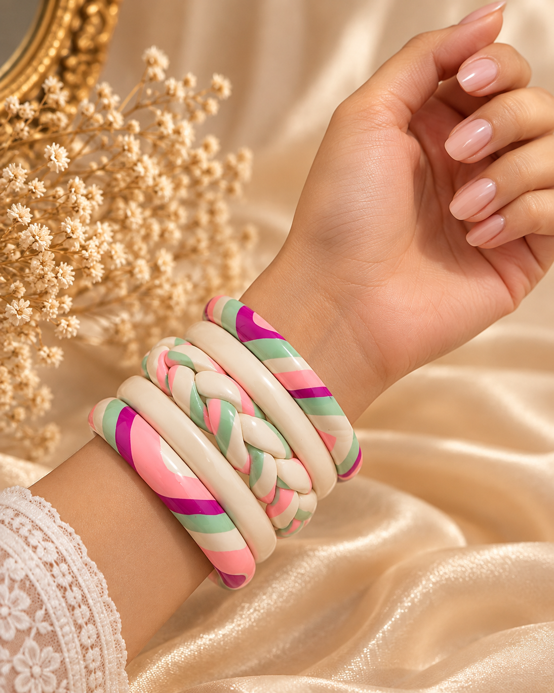 Cotton Candy Carousel Jaipuri Lac Bangles (set of 5)