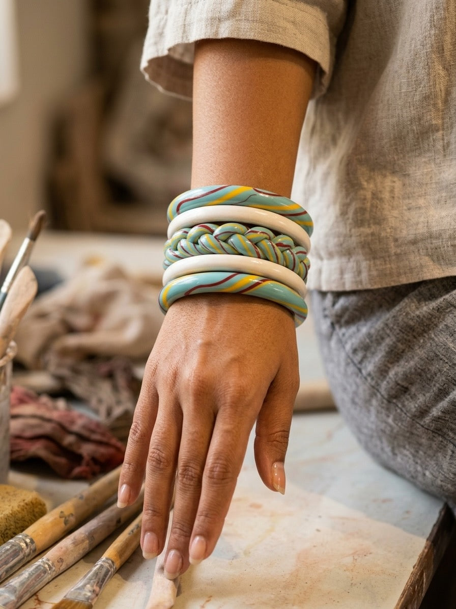 Turquoise Tide Braid Jaipuri Lac Bangles (set of 5)