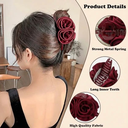 Elegant Rose Hair Claw Clip – Satin Flower Hair Accessory for Women & Girls