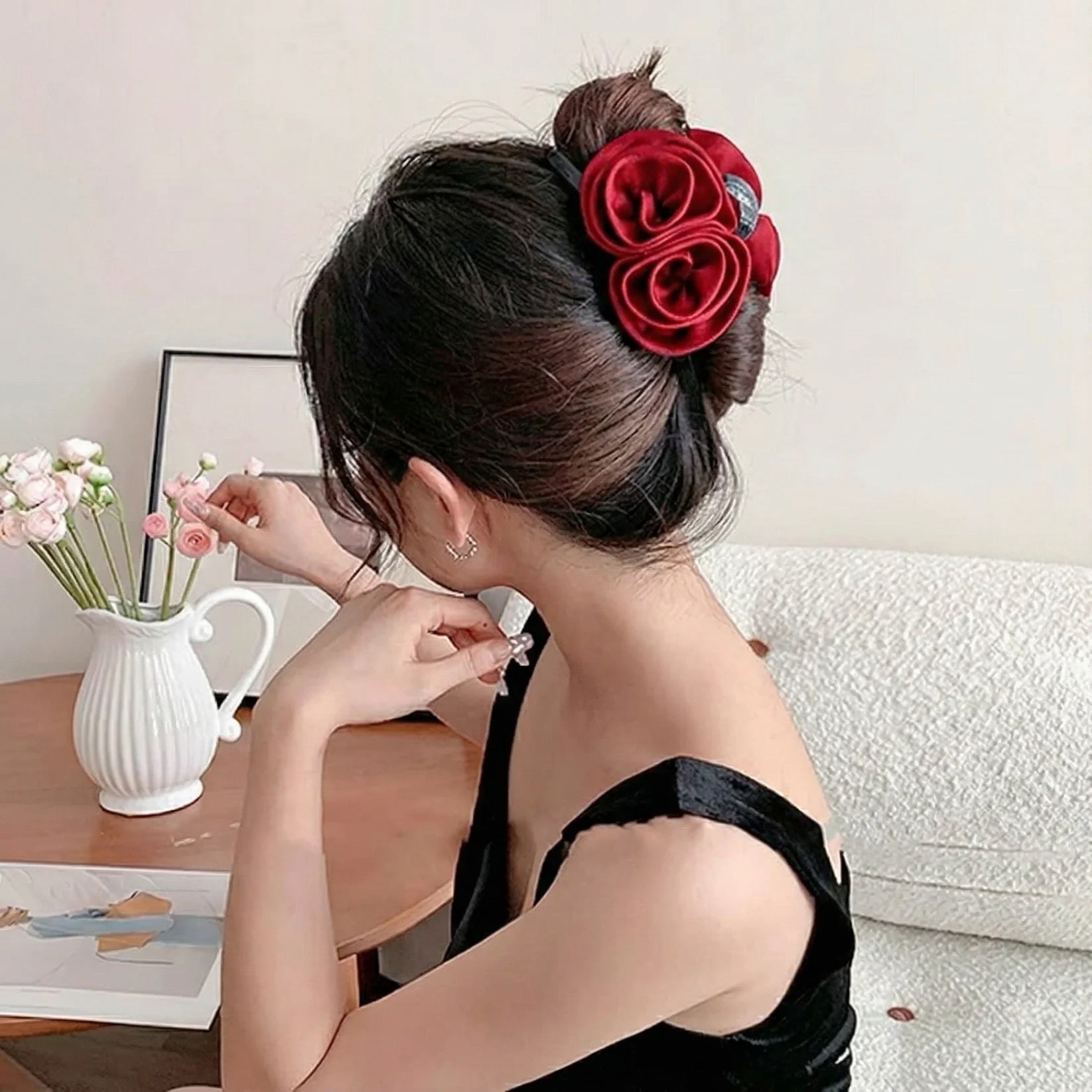 Elegant Rose Hair Claw Clip – Satin Flower Hair Accessory for Women & Girls